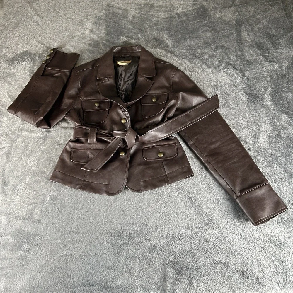 Paris Blues Vintage Faux Leather Jacket Womens Medium Brown Belted Pockets Retro